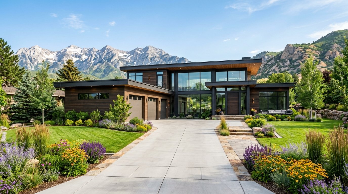 Beautiful Utah home with concrete driveway and landscaping
