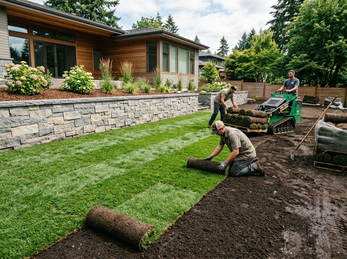 Fresh green sod laying